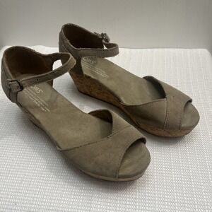 TOMS Women's Suede Taupe Color with Cork Wedge Platform Sandals Open Toe Sz 6W